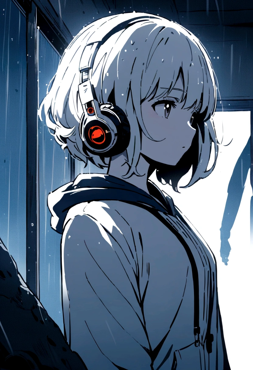 Girl staring outside in the rain with headphones on Girl's image is large Body is in front Face is sideways Window is to the left Background is black and white Girl is full color Anime style Short hair