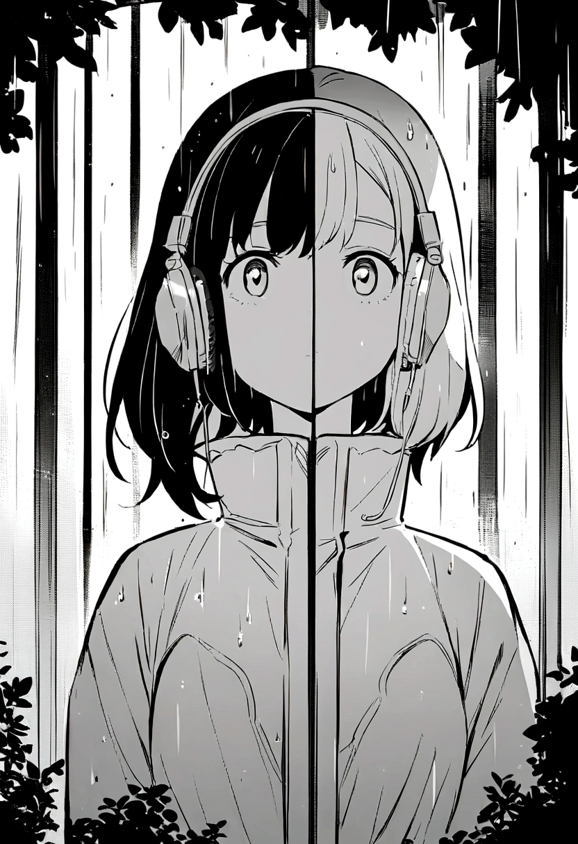 Girl staring outside in the rain with headphones on Girl's image is large Body is in front Face is sideways Window is to the left Background is black and white Girl is full color Anime style Short hair