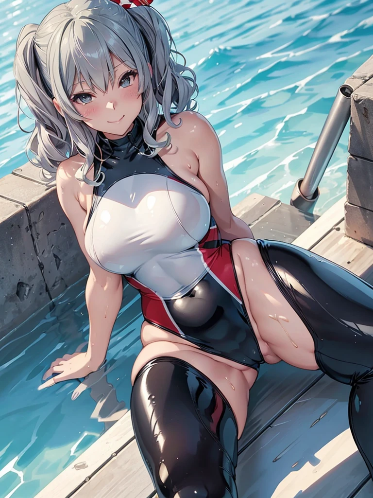 ((Kantai Collection, kancolle, Kashima)), (),  bags, slightly slanted eyes, long black thin latex gloves, long black  thin latex knee-high socks, blue competition swimsuit, wrinkled swimsuit, tight swimsuit, swimsuit reflecting light, wet swimsuit, wet skin, framed breasted, double bust, framed groin, framed navel, cleavage sticking to swimsuit, sunlight, one arm raised up, sitting, legs closed, from the front and slightly below, looking at the viewer, kind smug light smile