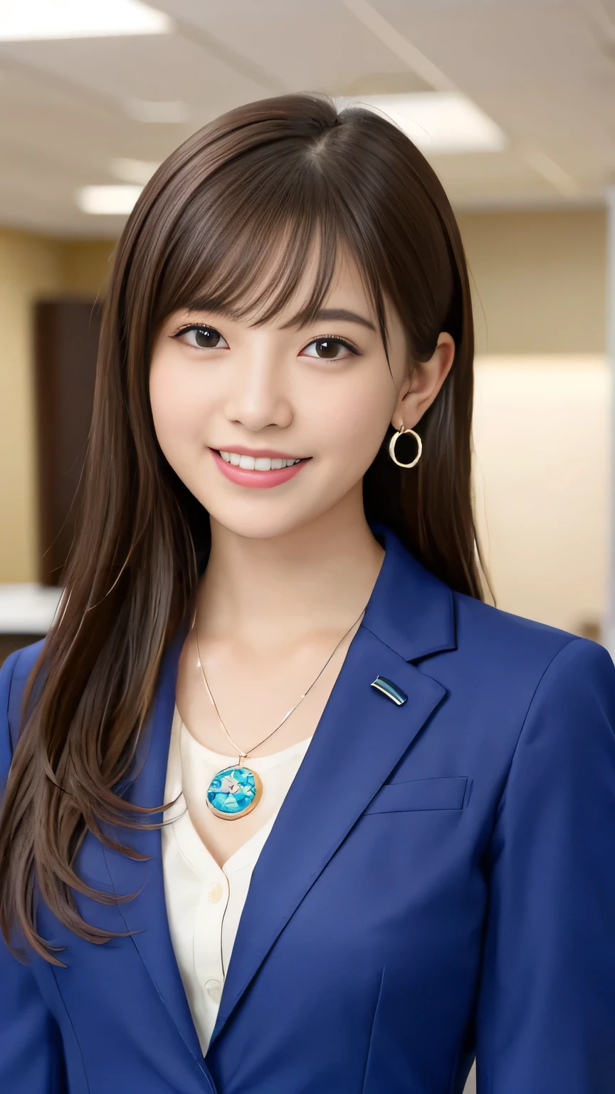Highest quality:1.2), RAW Photos, High resolution, Very detailed, Intricate details, 、ear piercing、smile、Emphasis on teeth、ウェーブのかかった髪、Light brown hair、 (Front view, ), Clear beauty, Upper Body, (High quality fabric, Office Lady Suit 、 Necklace around the neck、 indoor,