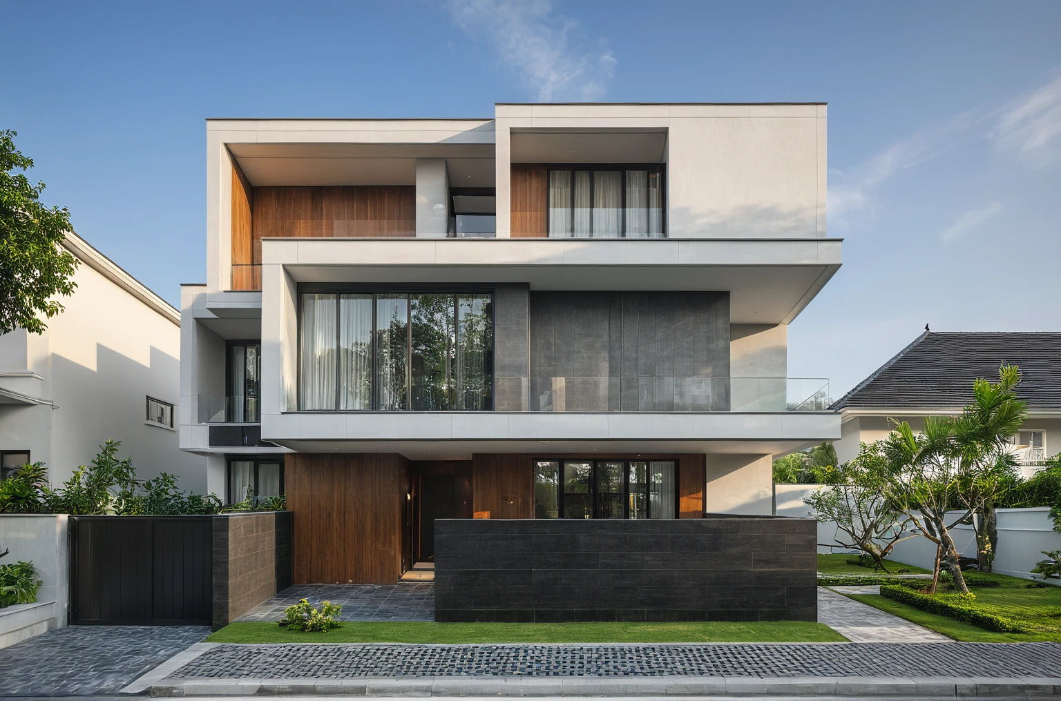 modern villa on street, (daylight), tropical tree, (slope roof, black tiled roof:1.2), vivid color, streetcapes, nice sky, grey tone, large glass door, warm interior lighting, modern material, best quality, ultra realistic, masterpiece, 17ArchiAI_XL_VL-v1