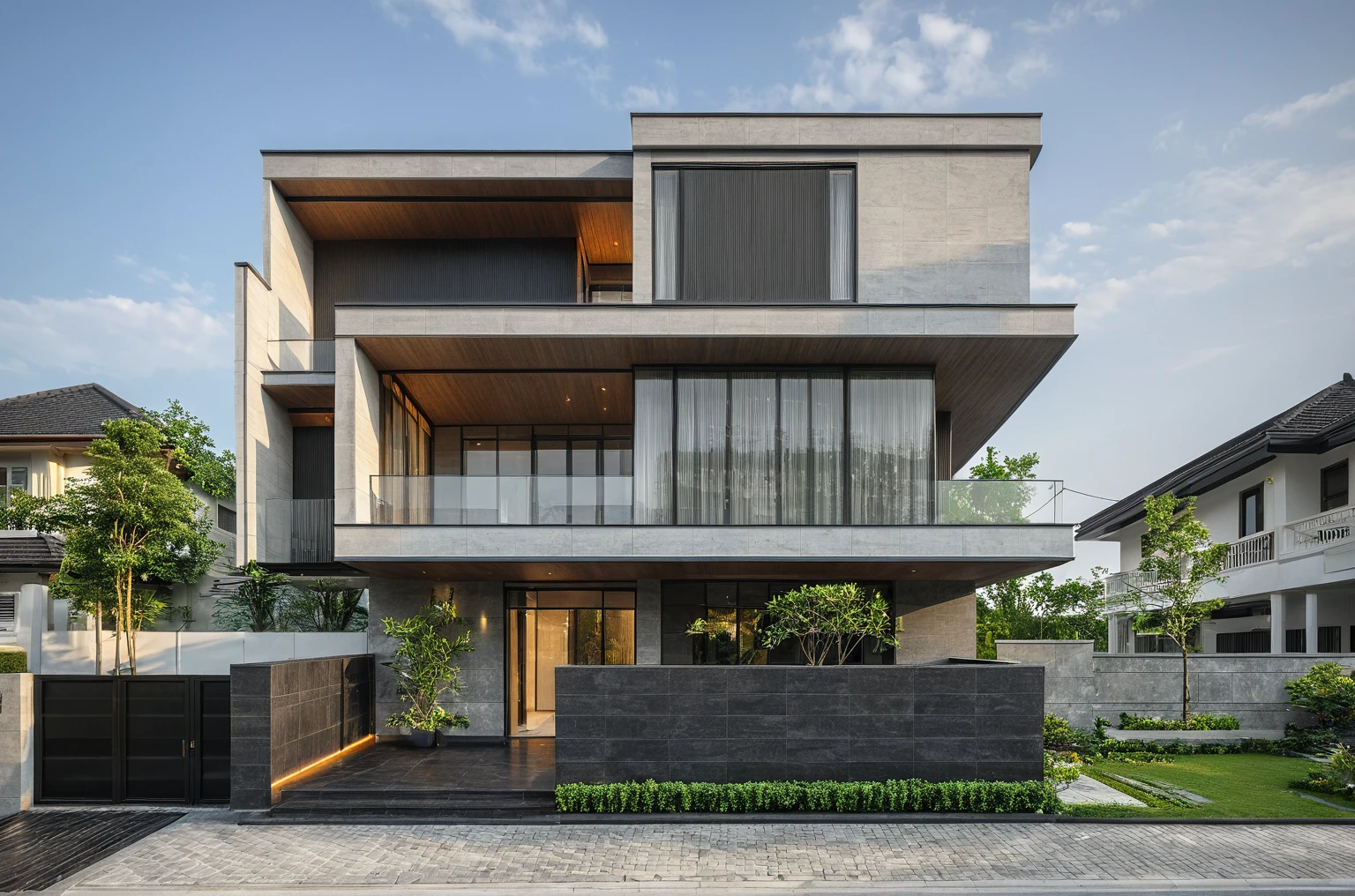 modern villa on street, (daylight), tropical tree, (slope roof, black tiled roof:1.2), vivid color, streetcapes, nice sky, grey tone, large glass door, warm interior lighting, modern material, best quality, ultra realistic, masterpiece, 17ArchiAI_XL_VL-v1
