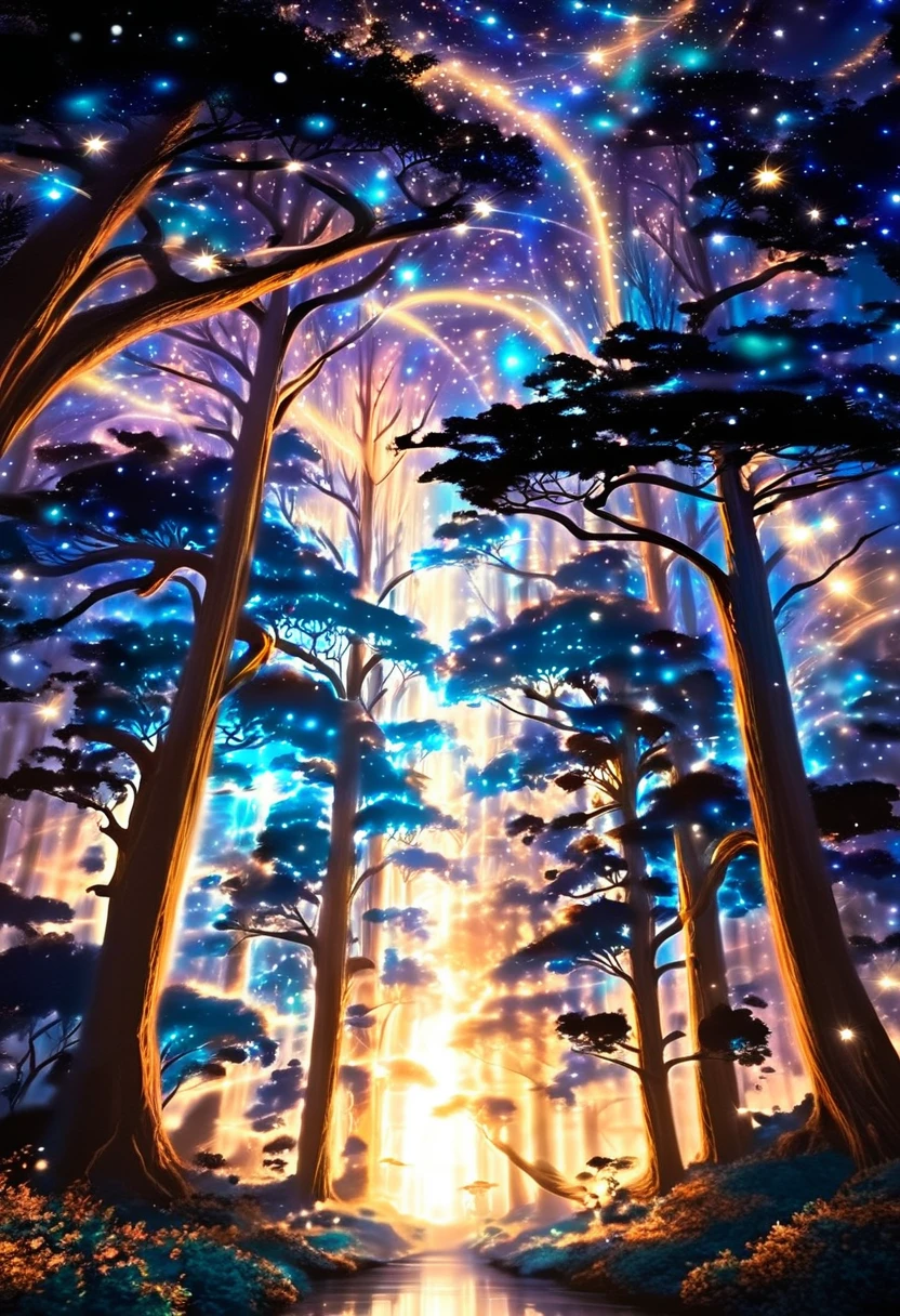  detailed fantastic image, the starry sky spreads over the landscape like a black velvet blanket dotted with twinkling stars that form unknown constellations. Moon, of enormous size, emits a silvery glow that bathes the enchanted forest in a magical, ethereal light. The trees, of twisted shapes and iridescent colors that change with each movement, They seem to take on a life of their own as their branches intertwine in a harmonious dance..

Luminous vines winding along tree trunks emit flashes of multicolored light that illuminate the ground covered in moss and glowing ferns.. Little fairies with transparent and shiny wings dance in the air, leaving trails of stardust in their wake. Snow-white unicorns gracefully trot through the trees, His mane fluttering in the wind and his horns glowing with a magical light..

In a forest clearing, A majestic dragon with shining scales and imposing wings stands in all its magnificence, exhaling blue fire that illuminates the night with flashes of light. The atmosphere is permeated with a sense of calm and wonder, as if time had stopped in this corner of fantasy and wonder. Every detail of the image invites the viewer to immerse themselves in a world of dreams and magic., where the impossible becomes real.

