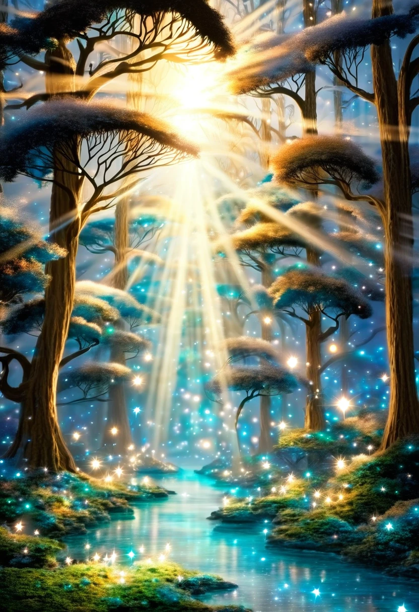  detailed fantastic image, the starry sky spreads over the landscape like a black velvet blanket dotted with twinkling stars that form unknown constellations. Moon, of enormous size, emits a silvery glow that bathes the enchanted forest in a magical, ethereal light. The trees, of twisted shapes and iridescent colors that change with each movement, They seem to take on a life of their own as their branches intertwine in a harmonious dance..

Luminous vines winding along tree trunks emit flashes of multicolored light that illuminate the ground covered in moss and glowing ferns.. Little fairies with transparent and shiny wings dance in the air, leaving trails of stardust in their wake. Snow-white unicorns gracefully trot through the trees, His mane fluttering in the wind and his horns glowing with a magical light..

In a forest clearing, A majestic dragon with shining scales and imposing wings stands in all its magnificence, exhaling blue fire that illuminates the night with flashes of light. The atmosphere is permeated with a sense of calm and wonder, as if time had stopped in this corner of fantasy and wonder. Every detail of the image invites the viewer to immerse themselves in a world of dreams and magic., where the impossible becomes real.

