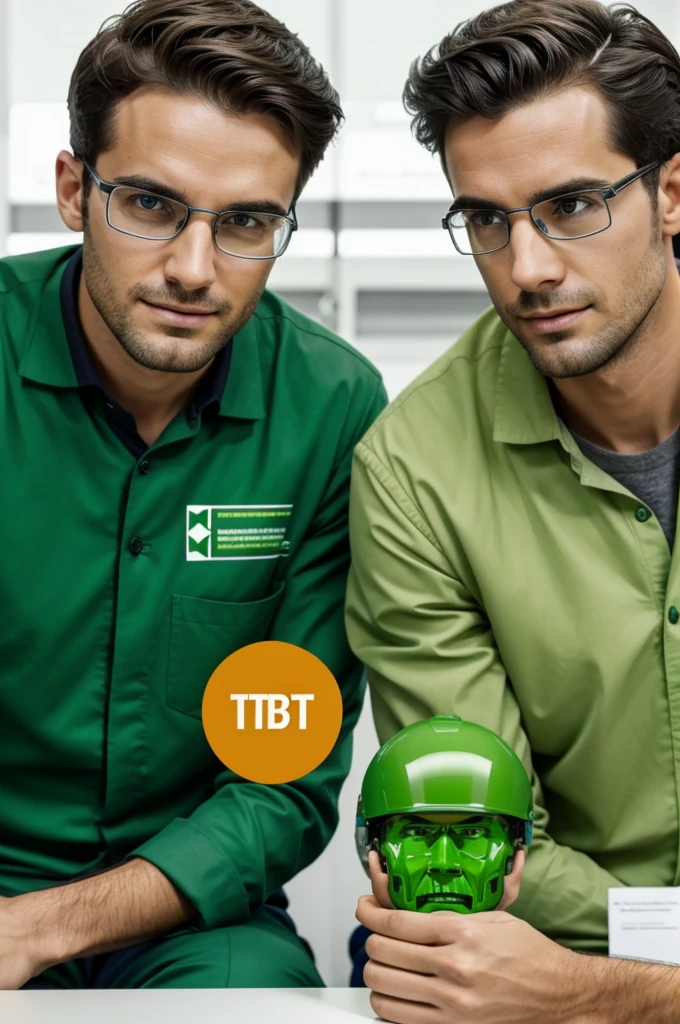 Two male people sitting in a laboratory, one with the biology head from scratch from the Youtube logo and the other with the microterra head from the Youtube logo, one with the green color with the microterra logo and the other with the microterra logo