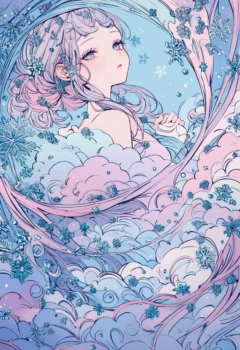 background in pastel pink and blue tones, with defined clouds and snowflakes size 1500X3000