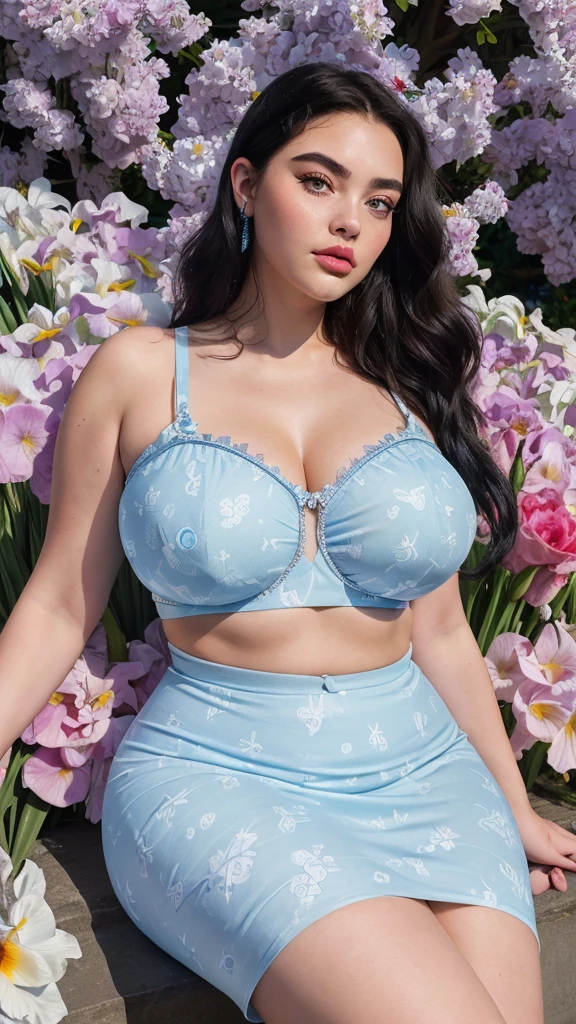 Produce an 8K masterpiece image featuring a plus-size model exuding elegance and confidence. Highlight her big, round with deep cleavagphasize her curvy body with a slim waist and thick thighs. Ensure her plump face shines with smooth, spotless white skin and wavy black hair styled in bright brown highlights. Pay meticulous attention to her eyes, featuring light blue color with unique iris patterns and long, thick eyelashes, framed by thick, well-shaped eyebrows. Capture her in a graceful pose wearing a dress or croptop against a backdrop of colorful flowers and soft daylight in a London village, ensuring sharp focus and high-quality resolution.
