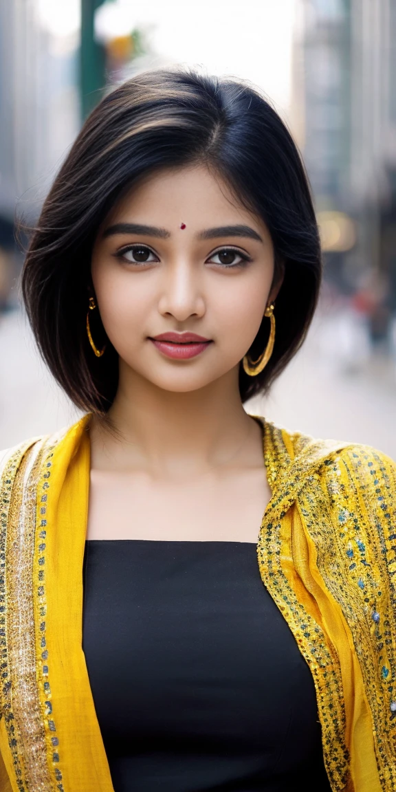 (((desi girl))), chubby face, natural skin, wearing hot deep neck top and dupatta, charming black hair, ((hair ends are blonde)), city streets background, bokeh