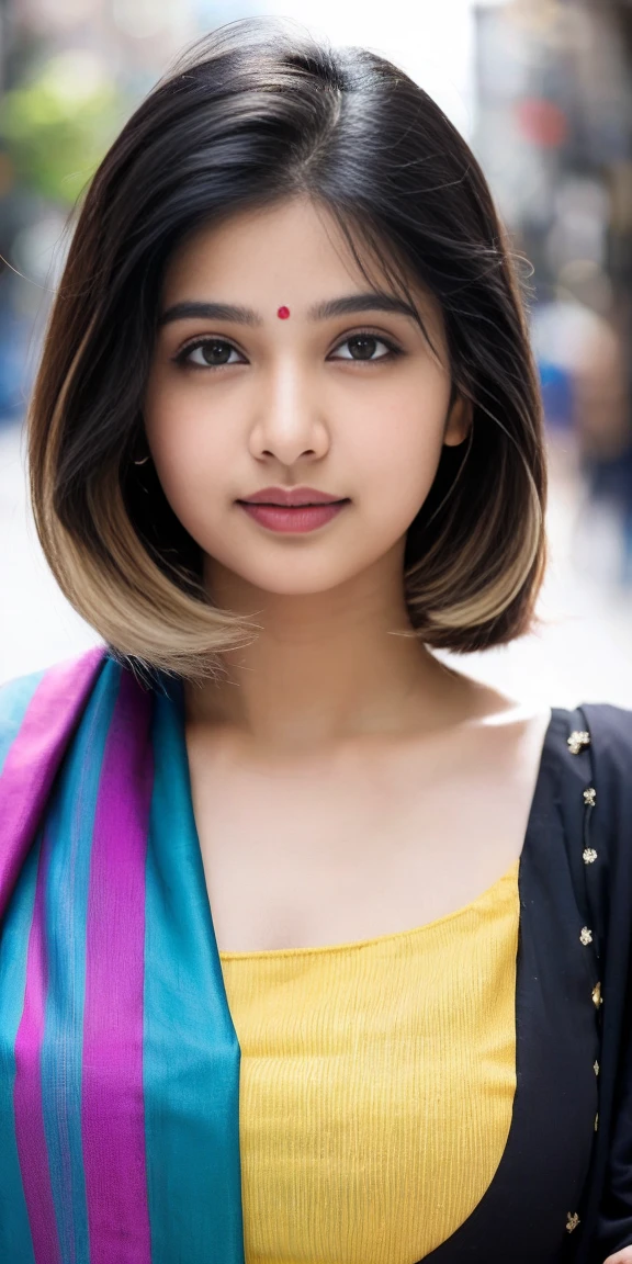 (((desi girl))), chubby face, natural skin, wearing hot deep neck top and dupatta, charming black hair, ((hair ends are blonde)), city streets background, bokeh