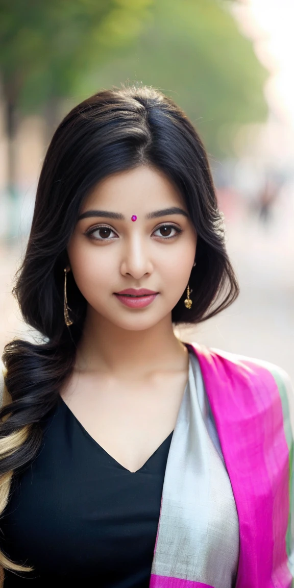 (((desi girl))), chubby face, natural skin, wearing hot deep neck top and dupatta, charming black hair, ((hair ends are blonde)), city streets background, bokeh