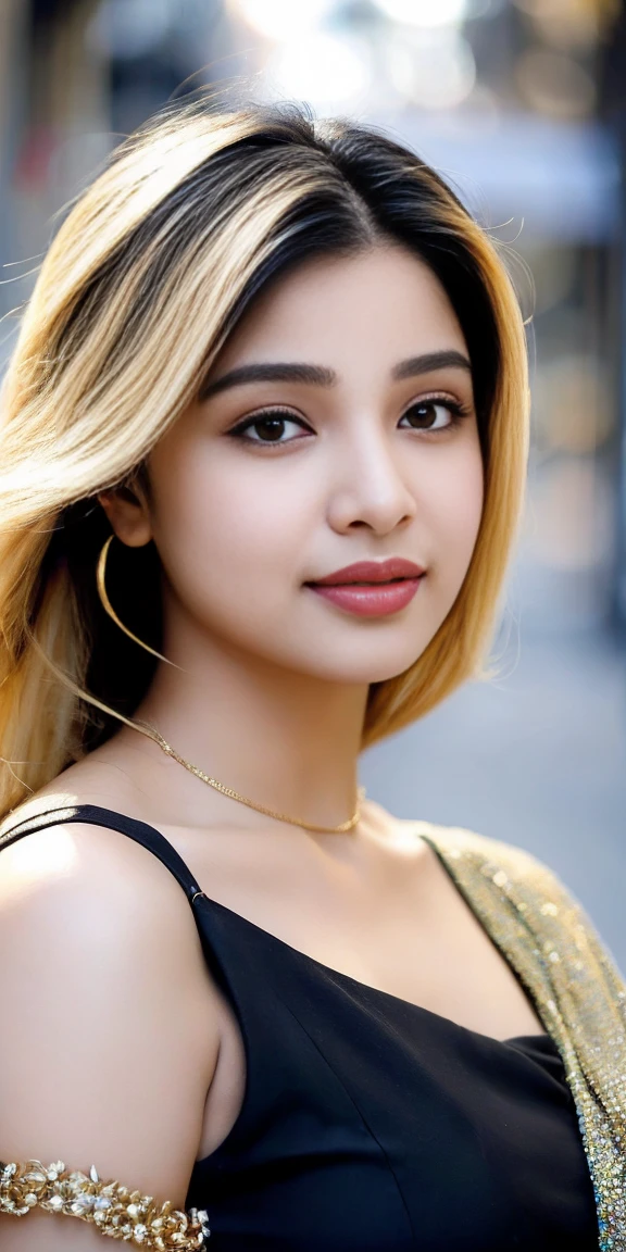 (((desi girl))), chubby face, natural skin, wearing hot deep neck top and dupatta, charming black hair, ((hair ends are blonde)), city streets background, bokeh