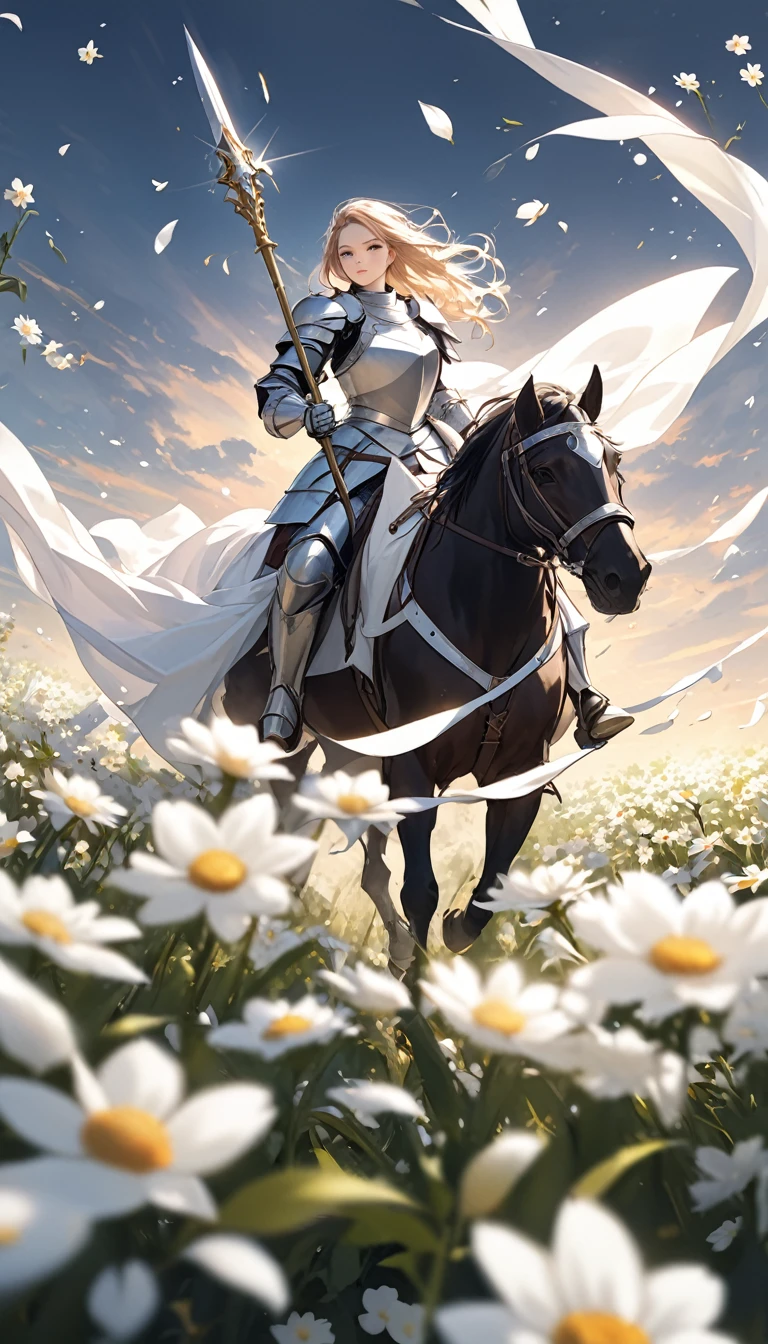 A female knight on horseback. She is holding a shiny spear. Many white flowers are falling. The background is black.
