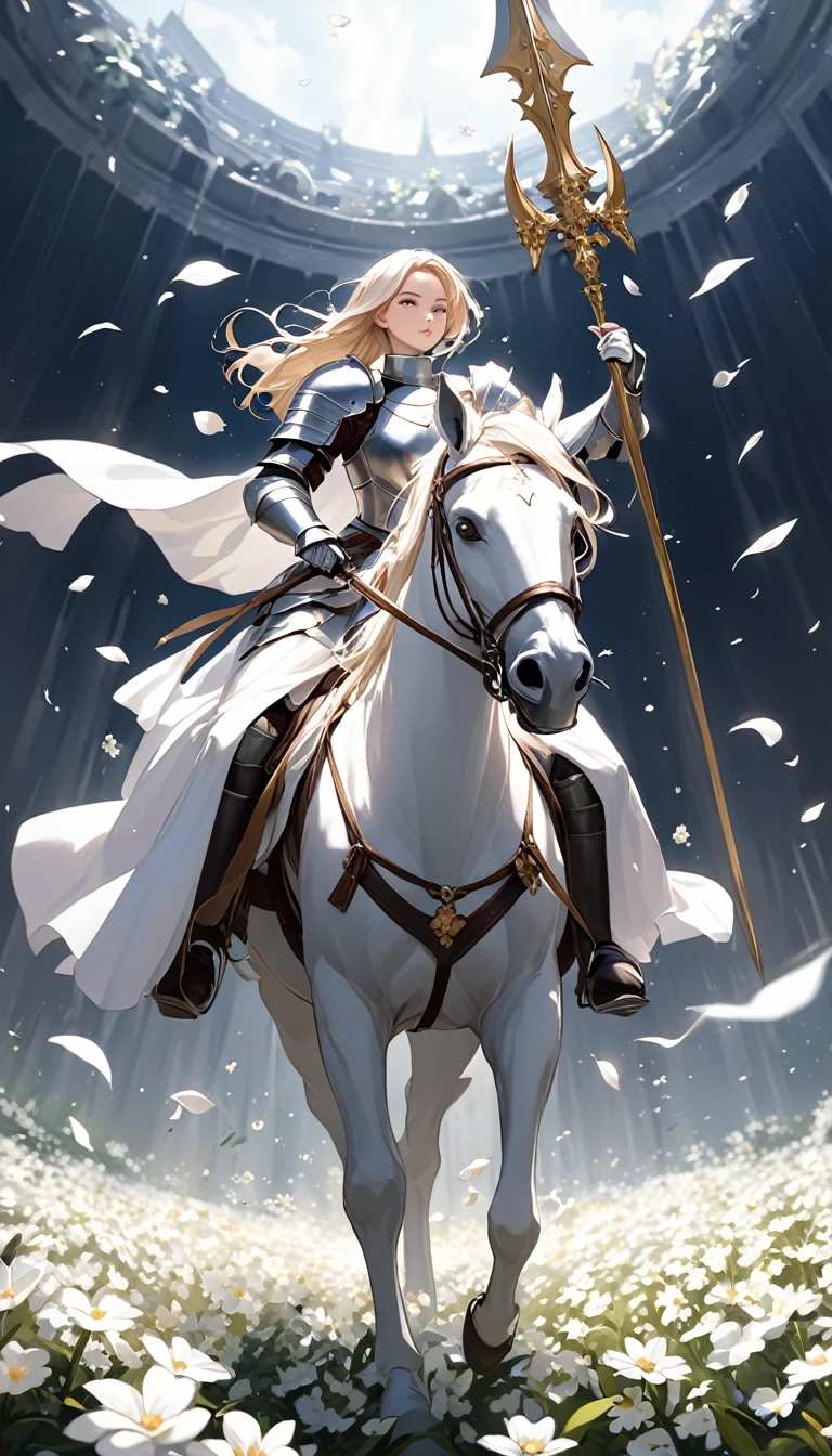 Fantasy Viking soldier riding gracefully on a horse and holding a spear. Female, sexy, long flowing hair, Viking armor, battlefield background