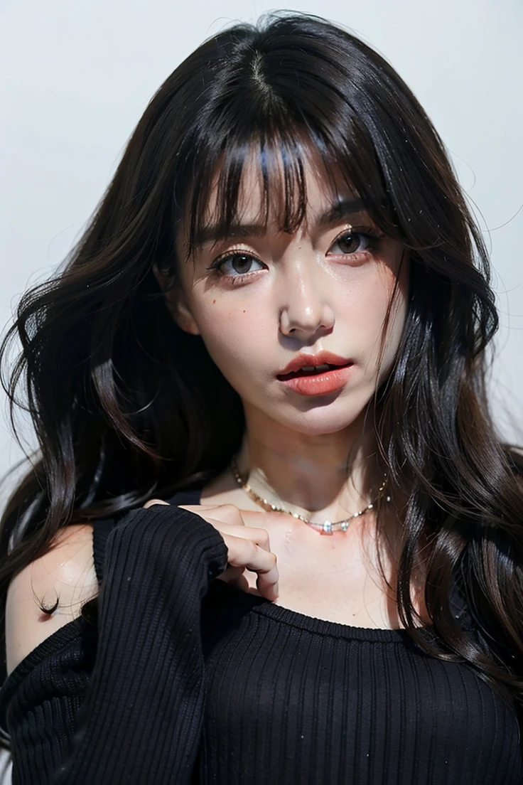 ((Best Quality)), ((Masterpiece)), (detailed), 1 girl, long dark hair, seductive eyes, full lips, mole under the eye, Necklaces, pink off shoulder sweater 