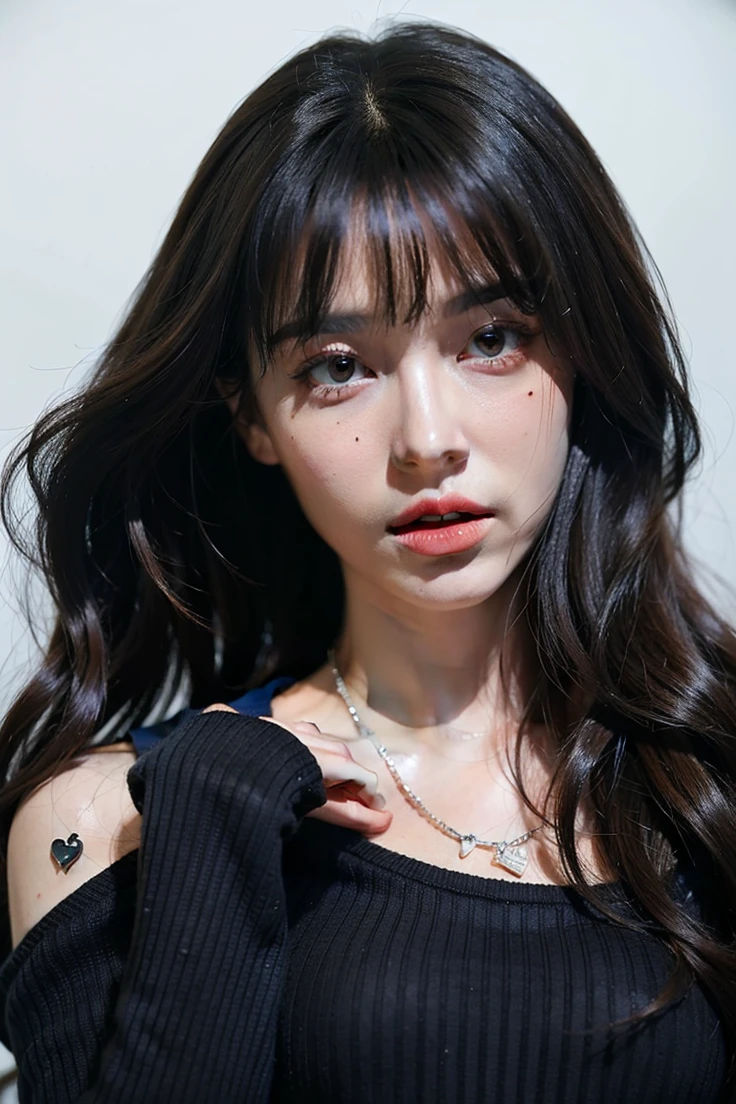((Best Quality)), ((Masterpiece)), (detailed), 1 girl, long dark hair, seductive eyes, full lips, mole under the eye, Necklaces, pink off shoulder sweater 