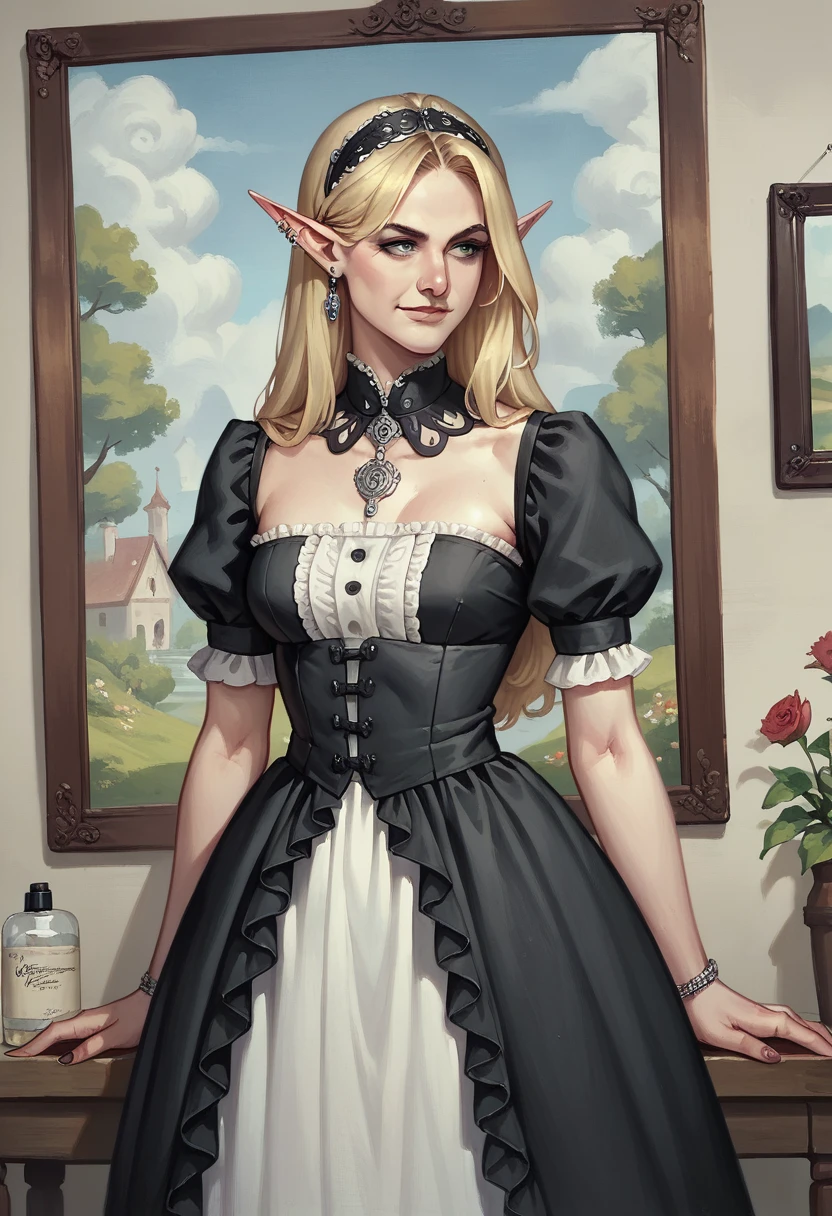 score_9, score_8_up, score_7_up, score_6_up,source_anime, anime 2d, a stunning blonde elf, closeup, elxfanning, conceptual artwork, High aboveper body view, gothic art, oil painting, Traditional media, wearing a humble peasant dress, looking to the side, soft smile, hyper flat shadding, gouache painting