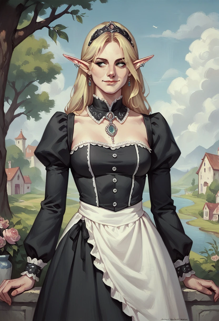 score_9, score_8_up, score_7_up, score_6_up,source_anime, anime 2d, a stunning blonde elf, closeup, elxfanning, conceptual artwork, High aboveper body view, gothic art, oil painting, Traditional media, wearing a humble peasant dress, looking to the side, soft smile, hyper flat shadding, gouache painting