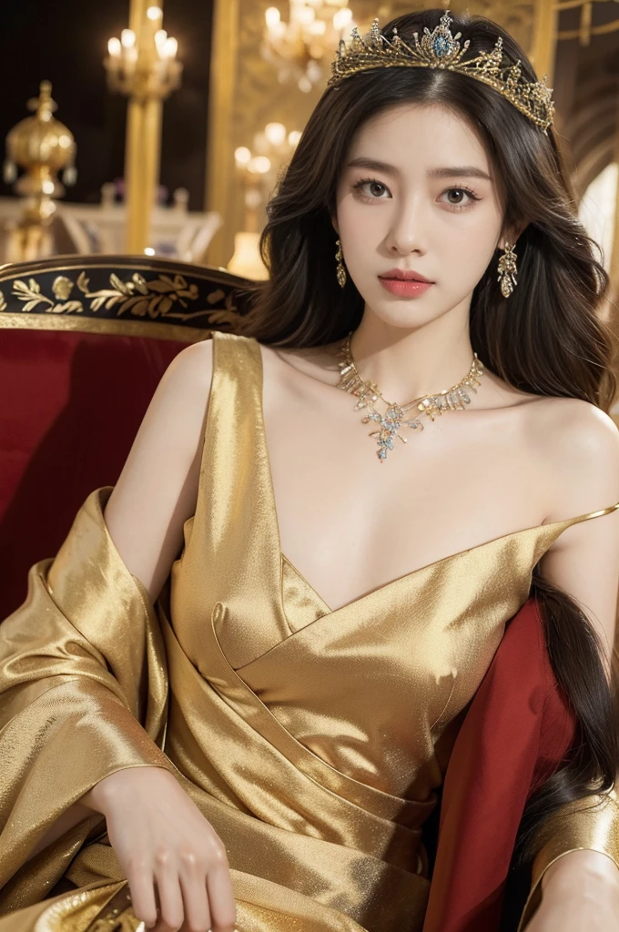 (((best quality))),(((ultra detailed))),(((masterpiece))),illustration,1 beautiful girl,solo,slim,thin,shoulder length straight bob hair,flat chest,Asian appearance,female,young,princess,royal,Chinese palace,night scene,magnificent gown,golden crown,intricate embroidery,luxurious fabric,precious stones,sitting on a metallic throne,decorative patterns,rich decorations,luxurious furnishings,regal charm,beautiful face,gentle smile,bright eyes,historical,traditional,city lights,modernity,frozen moment,beauty of the past,evolution of time,from front,upper body