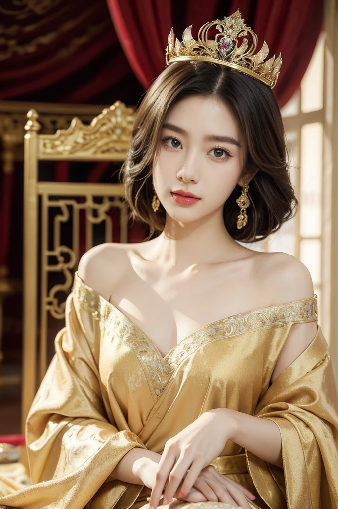 (((best quality))),(((ultra detailed))),(((masterpiece))),illustration,1 beautiful girl,solo,slim,thin,shoulder length straight bob hair,flat chest,Asian appearance,female,young,princess,royal,Chinese palace,night scene,magnificent gown,golden crown,intricate embroidery,luxurious fabric,precious stones,sitting on a metallic throne,decorative patterns,rich decorations,luxurious furnishings,regal charm,beautiful face,gentle smile,bright eyes,historical,traditional,city lights,modernity,frozen moment,beauty of the past,evolution of time,from front,upper body