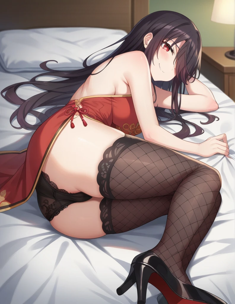 score_9, score_8_up, score_7_up, source_anime, 
kurumitokisaki, kurumi tokisaki, long hair, black hair, red eyes, hair over one eye, smile,
chinese cheongsam, red chi-pao, lift chi-pao, long black fishnet stockings, High heels,black Lace underwear
indoors, on the bed, blush, 
looking at viewer, side lying, 