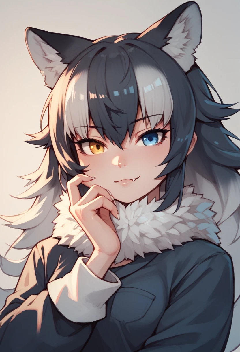 Score_9, Score_8_up, Score_7_up, Score_6_up, Score_5_up, Score_4_up, source_anime, 1girl, nsfw, grey wolf \(kemono friends\), heterochromia