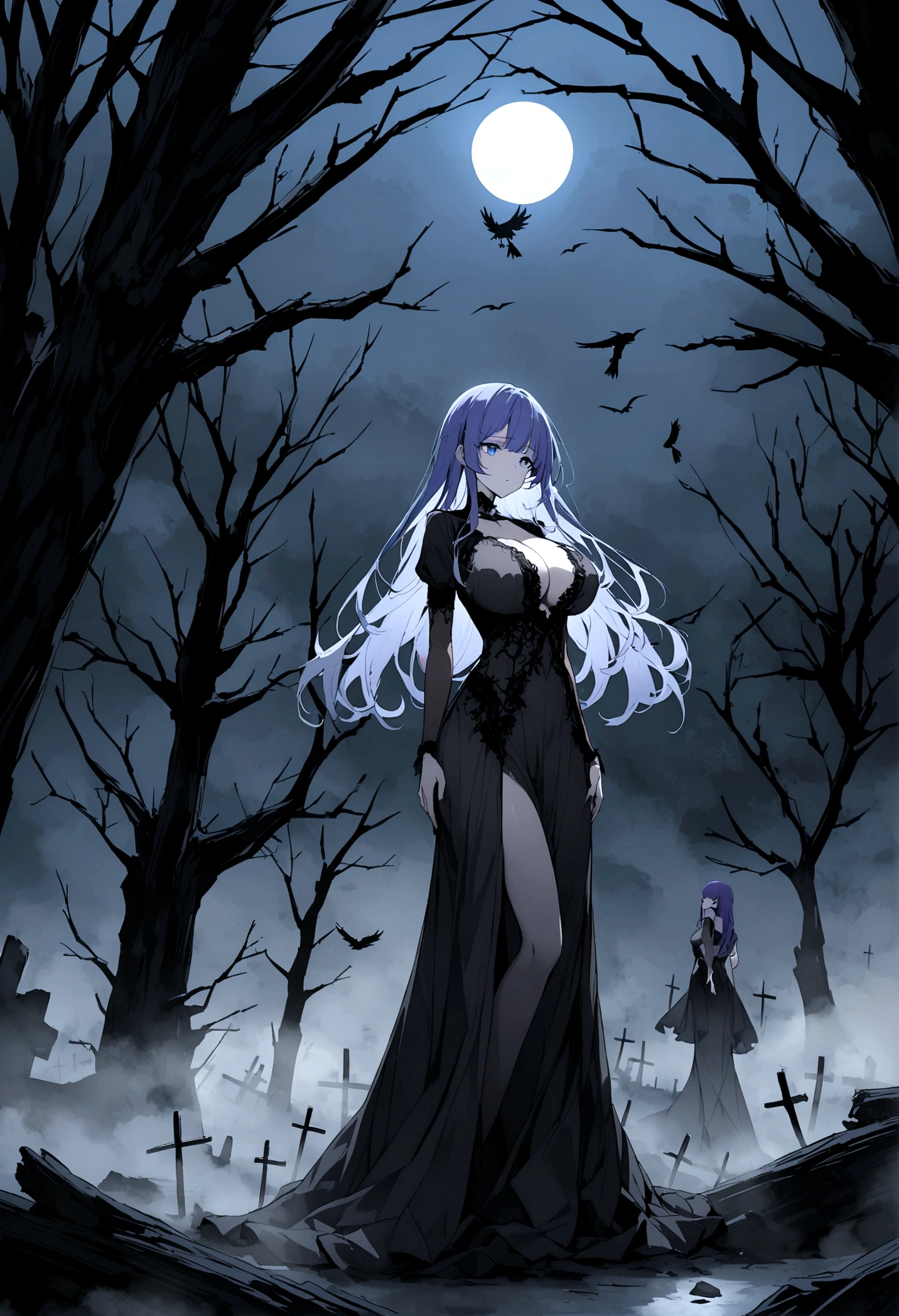 A beautiful anime-style girl with long, purple-blue hair、Blue Eyes、Transparent hair、Face of Sadness、Sad beautiful girl、A beautiful girl with a well-balanced and glamorous body、Big Breasts、A beautiful immoral girl in a provocative black and grey dress、Pale skin、Full Body Shot、Crow、dead tree、fog、Red Moon、mystery、graveyard of darkness。