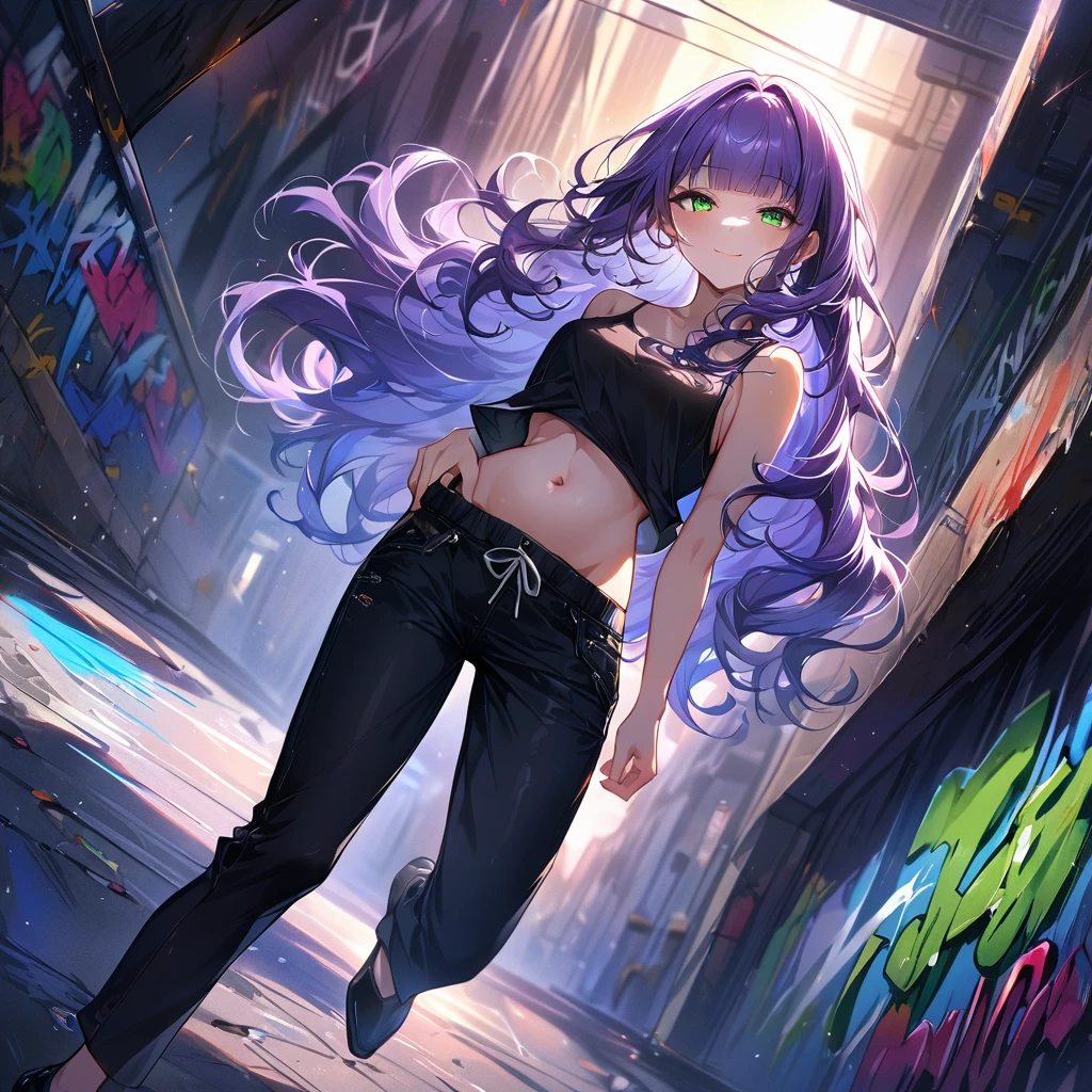 a masterpiece, beautiful eyes, a beautiful face, beautiful depiction, details, solid blue Skyscrapers background, ultra detailed, 8K, pale-purple hair, a dynamic angle, wavy hair blowing in the wind, blunt bangs hair, black and green eyes,small breast, A black tank top showing her slim belly, black drawstring pants, black ballet shoes, full body shot, A starry sky, a gentle smile, Graffiti art, dimly lit underpass, light coming from behind her, look at viewer,