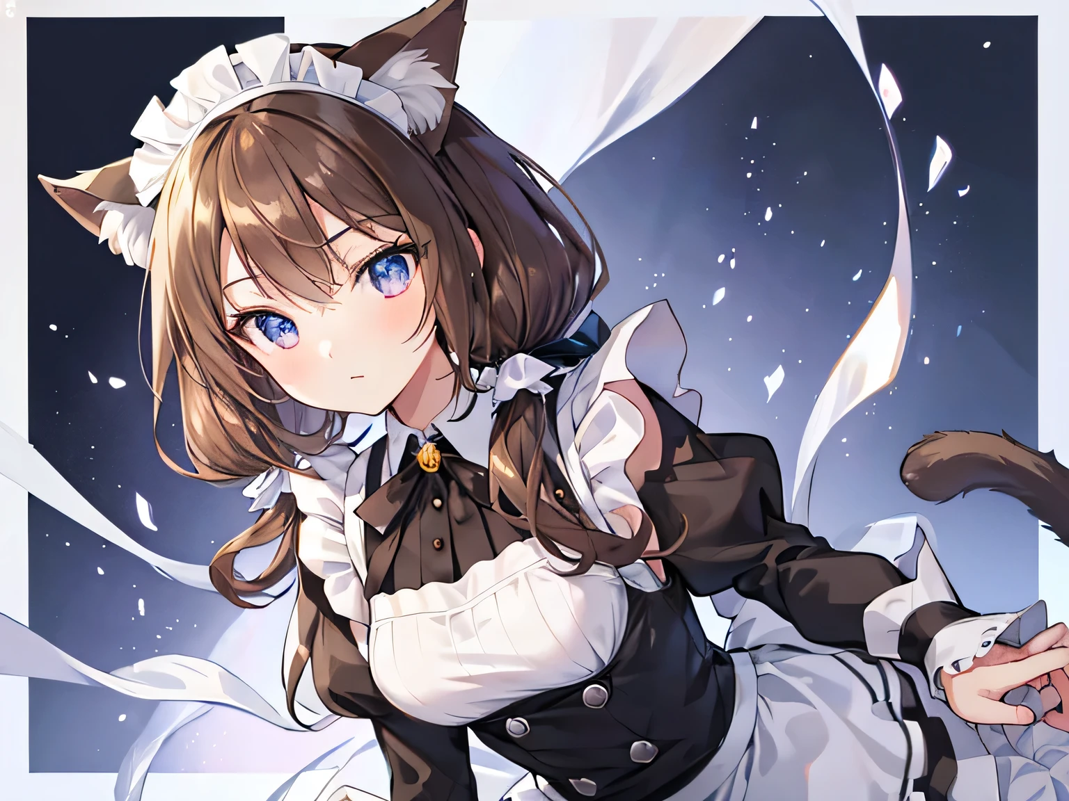 beautiful face, best quality, shiny skin, detailed skin, detailed face, detailed eyes, beautiful lady, light brown hair, low twintails, maid headdress, cat ears, Pop art, best quality, highres, masterpiece, super detail, 8k, Maid working in the palace, maid uniform, Ruffled Apron, from side, Twist your waist and create an S-shaped body line