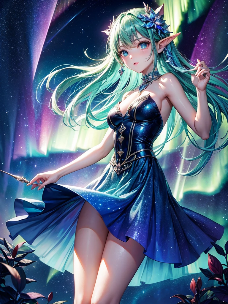 Highest quality,Highest Resolution,Glamorous fairy,Aurora,Night Sky,