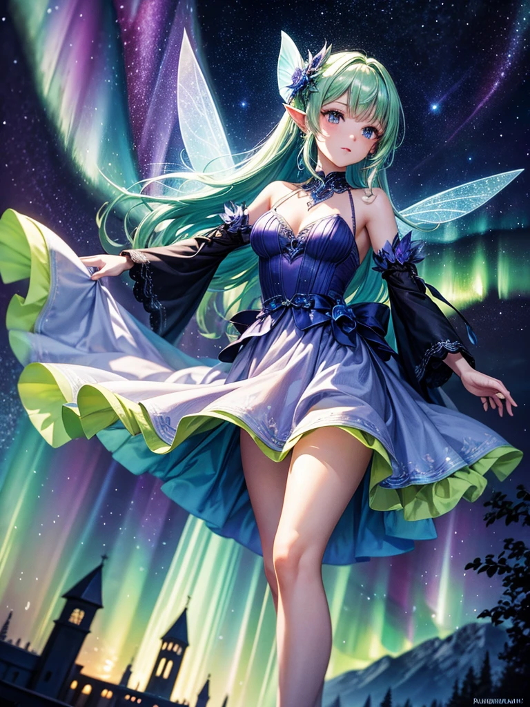 Highest quality,Highest Resolution,Glamorous fairy,Aurora,Night Sky,