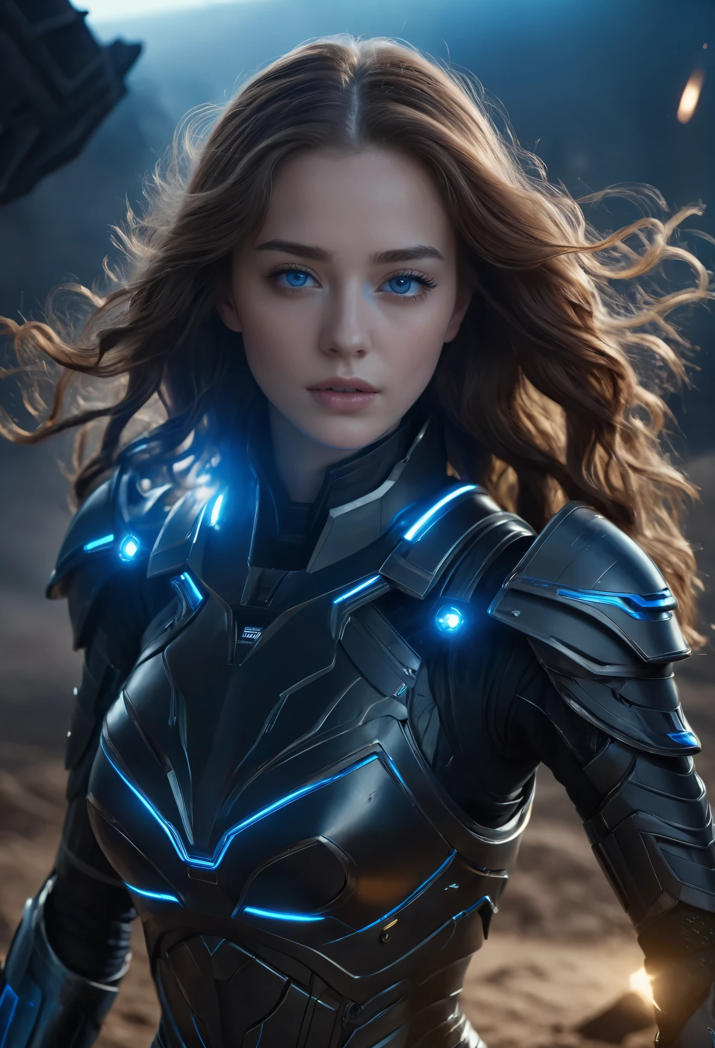 a beautiful young woman, detailed eyes, detailed lips, extremely detailed face, long eyelashes, long wavy light brown hair, black and blue sci-fi armor, aura, sci-fi environment, cinematic lighting, dramatic atmosphere, epic war scene, best quality, 8k, photorealistic, highly detailed