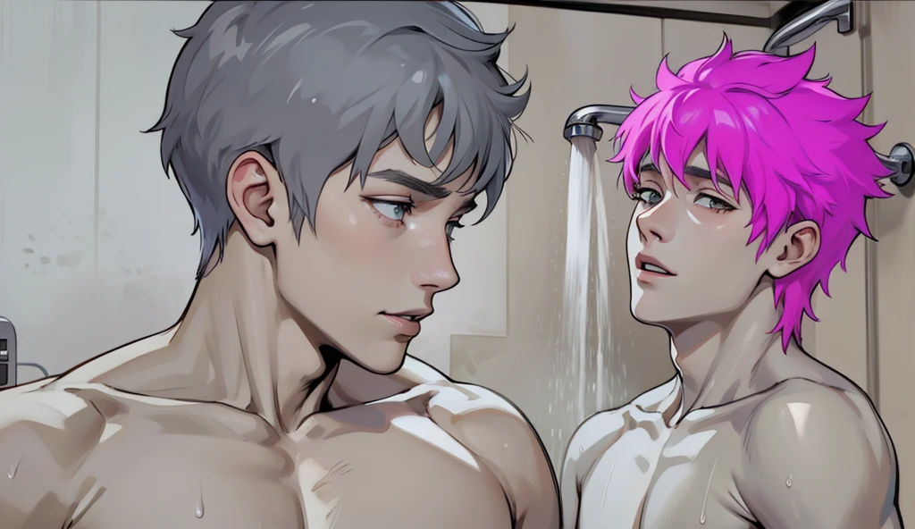 There are two thin 15-year-old gray-haired boys without shirts in the shower.