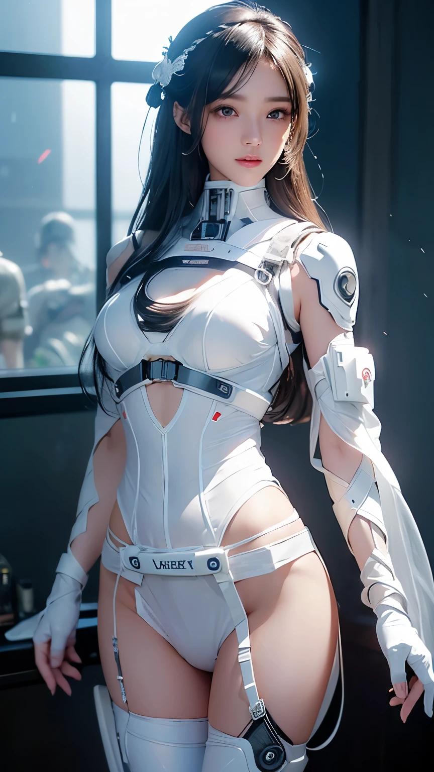 Japanese women、23 years old、Standing pose、Like the whole body、Moderately sized bust、(((A white synthetic cybernetic undergarment that barely covers the body.、Non-lumpy arm cover、Leg protector、Steampunk details、)))、((Exposure of the abdomen and thighs))、((Transparent Panty House))、beautiful chestnut hair、 Detailed skin texture, Detailed cloth texture, Beautifully detailed face, Looking into the camera、double eyelid、Shining Eyes、Laughter、Perfect Ass、Intricate details, Ultra-detailed, Soft rays of light、Cinema Lighting、Shining Eyes、Glowing Skin、Realistic、The perfect woman、Narrow waist、Seductive posture、Sexy pose、Very delicate and beautiful、Highest quality、Beautiful detailed girl、Beautiful Eyes、Facial Light、Soft Light、Cinema Lighting、Dark Background、See through、Realistic facial expressions
