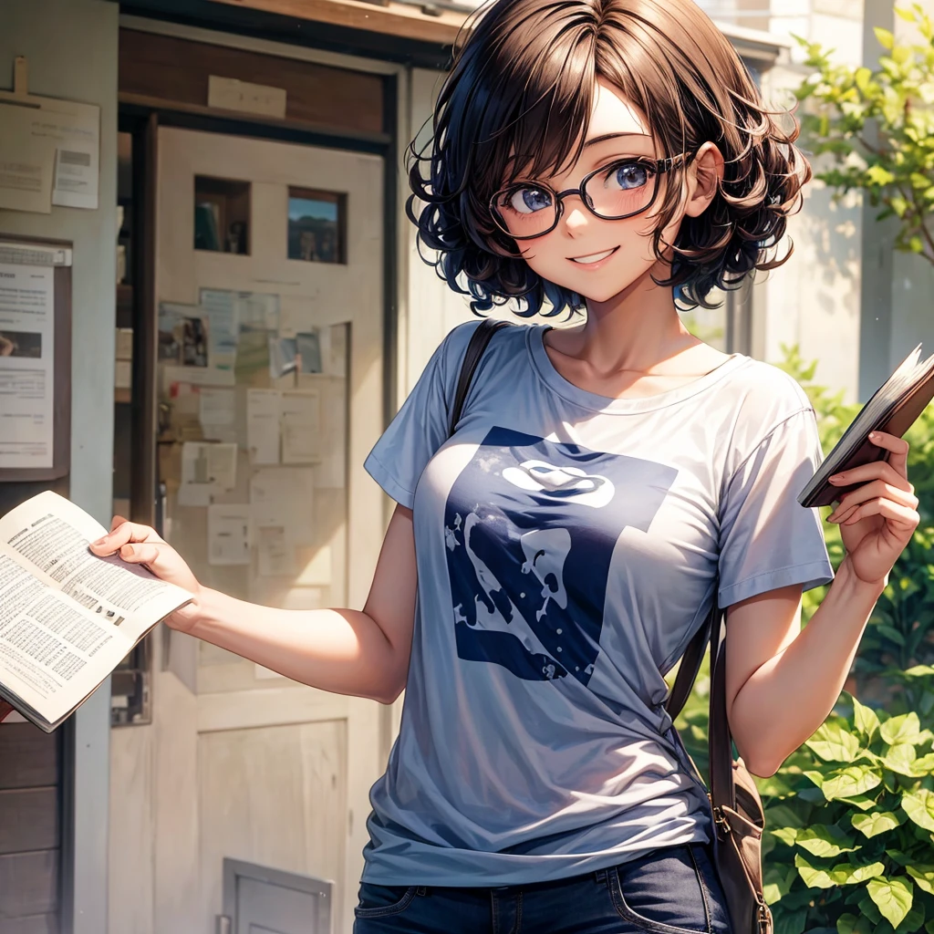 A smiling anime girl with short curly hair, holding a book in her hands, wearing a t shirt and wearing glasses 