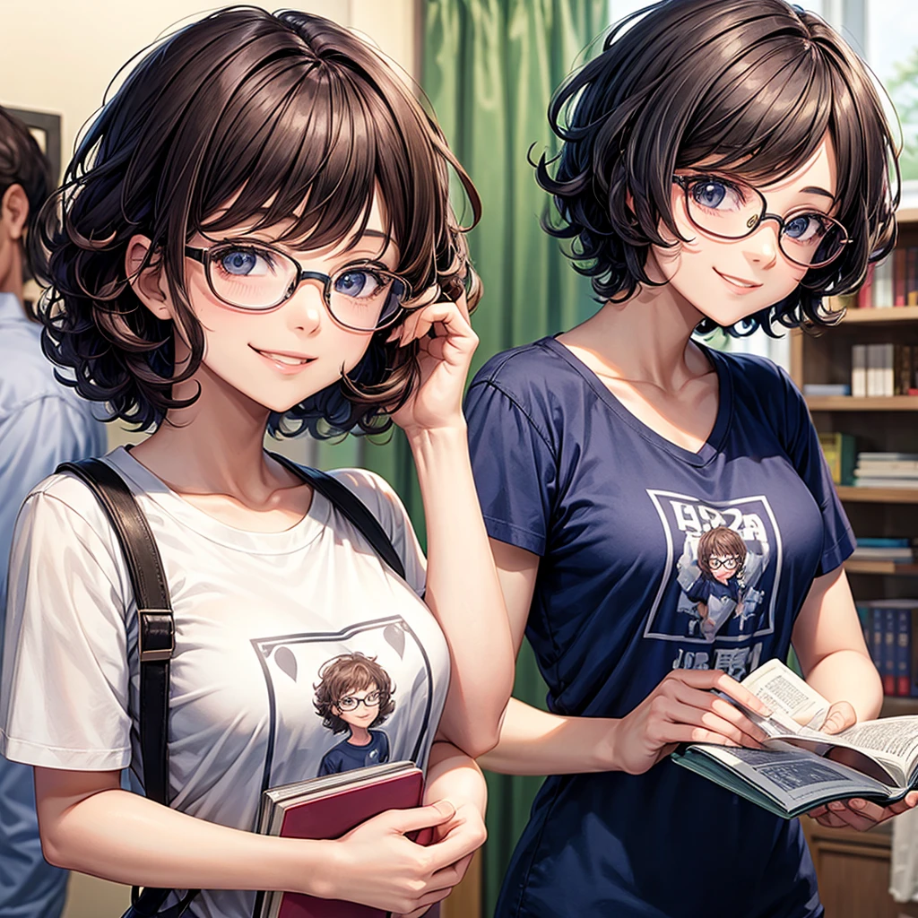 A smiling anime girl with short curly hair, holding a book in her hands, wearing a t shirt and wearing glasses 