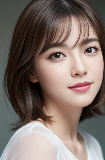 (Raw photo), (Photo realistic), (masterpiece), (Highest quality), High resolution, 8K resolution, (Exquisite detail), (Volumetric Light), Portraiture, woman, Age 35, short hair, Straight Hair, Brown haired, Very white and translucent skin,Highly detailed eyes, Source Order, Very fine eyebrows, eyelash,Highly detailed skin, Highly detailed mouth, Highly detailed nose, The best beauty,Cute like an idol, Smile, ((Look at the viewers)), (An elegant and transparent white blouse), Random Body Orientation,Ample breasts,valley