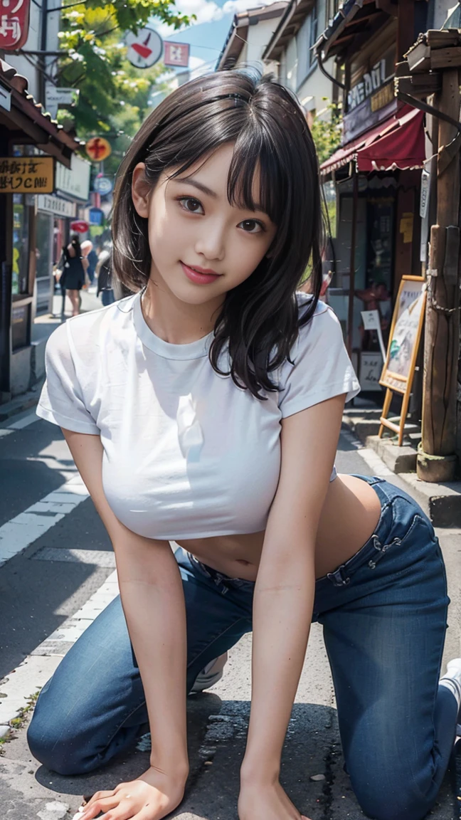 (Highest quality, masterpiece, Photo Real, Super detailed, Ultra-high resolution, born:1.3), One girl, cute, Japanese, smile, bangs, (Big Breasts), (Low-rise XL, Low Waist XL, between legs), T-Shirts, Skinny jeans, belly button, (sneakers, Beautiful feet, ), Main Street,Leg spread。On all fours、

