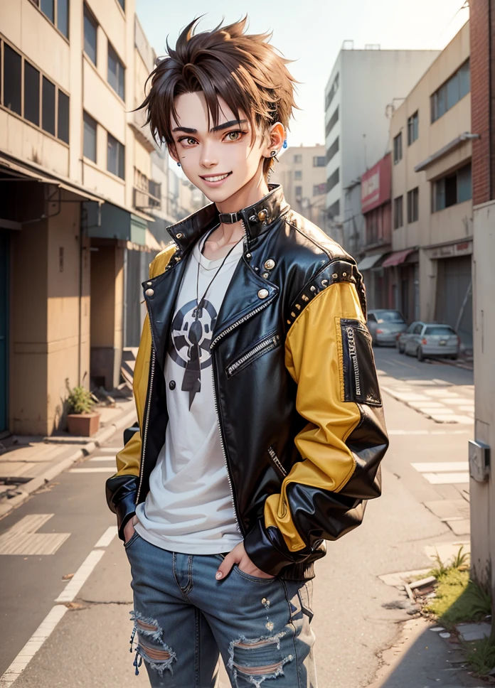 Anime boy, bared teeth, smiling expression, cyberpunk style Brown hair, jaw length brown hair on right side, brown eyebrows, yellow eyes, white skin, metal stud earing, clay grey colored shirt, biker blue jeans, standing in abandoned city