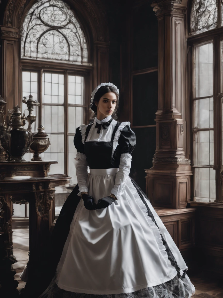 Gothic style beautiful woman, (victorian maid), royal chamber . Dark, mysterious, haunting, dramatic, ornate, detailed