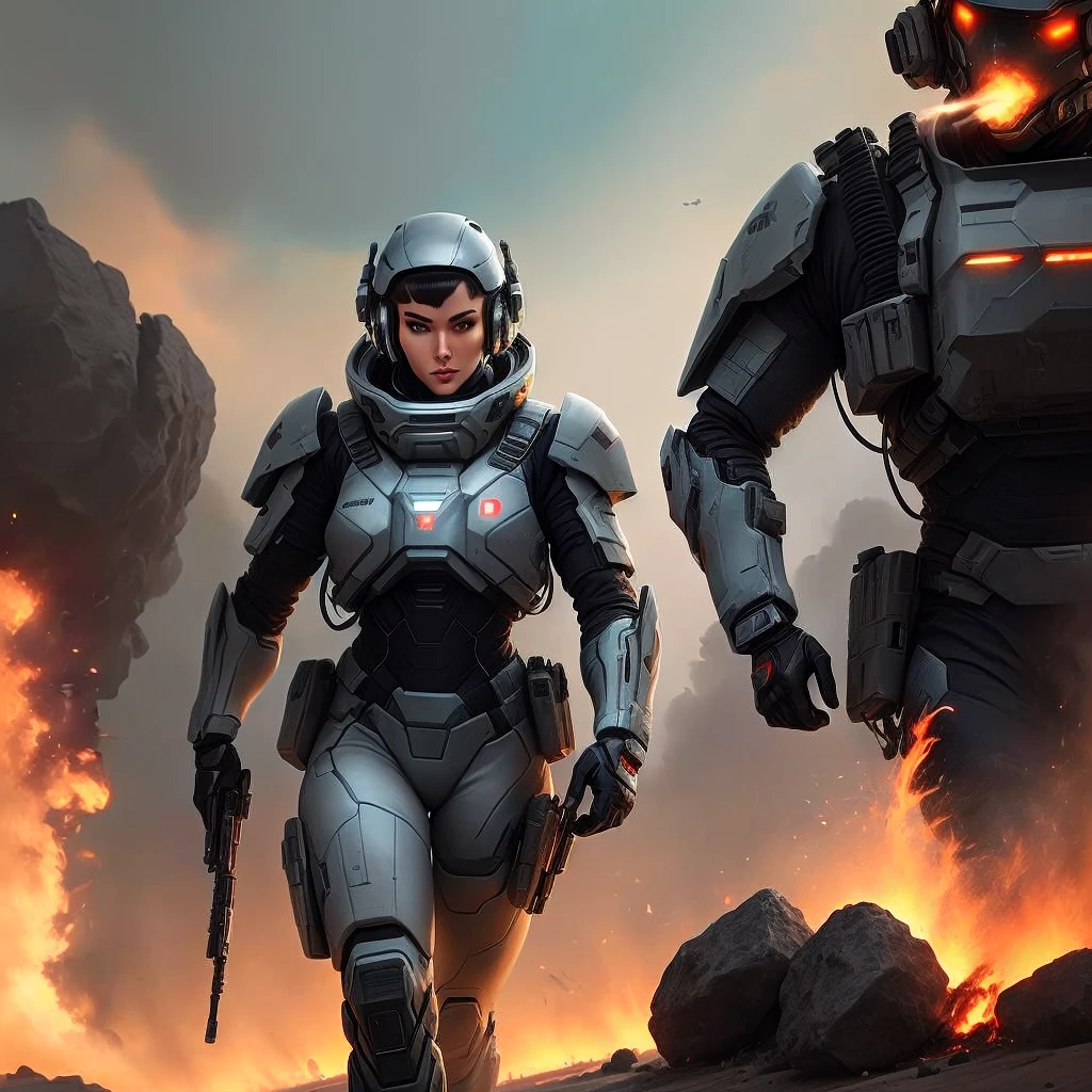 a close up of a person holding a gun near a fire, futuristic soldier, sci-fi soldier, futuristic battlefield, space soldier on mars with a gun, clothed in sci-fi military armor, fps game concept art, epic scifi character art, epic sci - fi character art, epic sci-fi character art, detailed sci-fi art, modern concept art