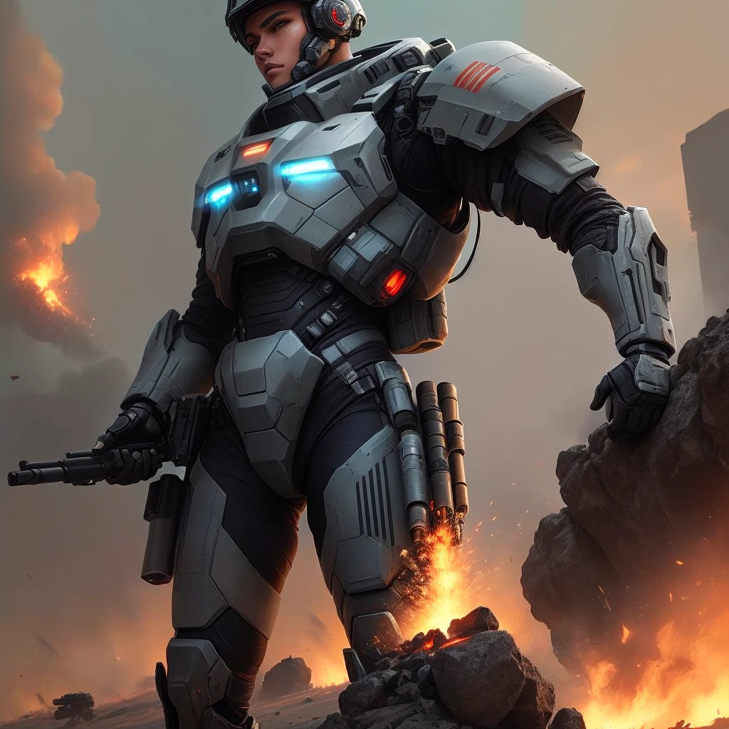 a close up of a person holding a gun near a fire, futuristic soldier, sci-fi soldier, futuristic battlefield, space soldier on mars with a gun, clothed in sci-fi military armor, fps game concept art, epic scifi character art, epic sci - fi character art, epic sci-fi character art, detailed sci-fi art, modern concept art