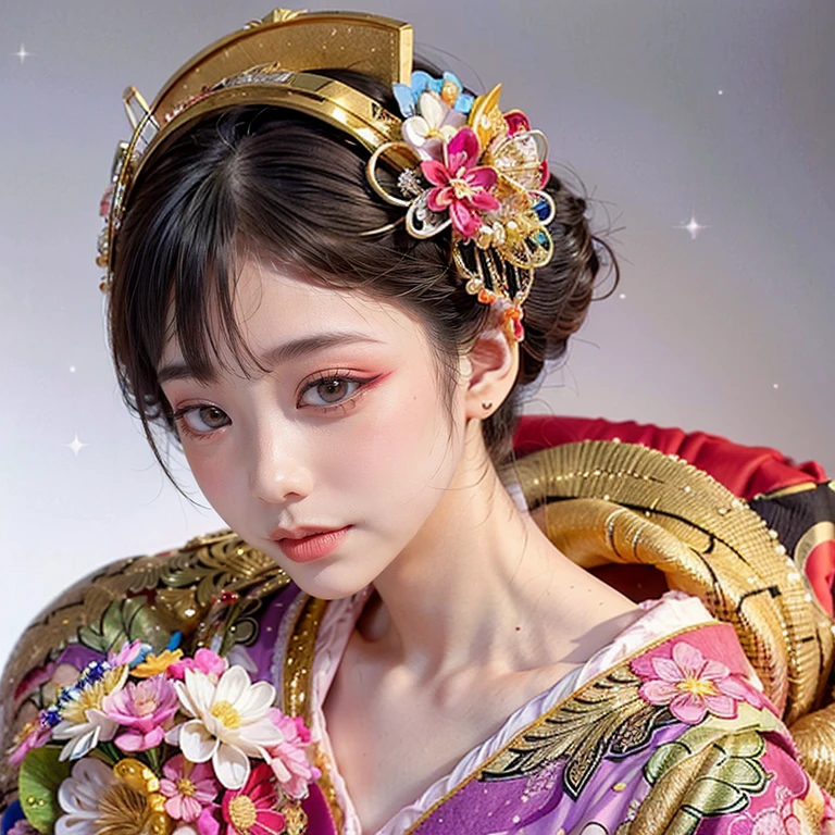 (PUNIPUNI clavicle KIMONO (offshoulder) KANZASHI FlowerHairpins Topknot TwinBun Oiran-Hair)High-level, 8K Masterpiece TopQuality, Ultra-detailed CG, Absurd detailed wallpaper, PerfectLighting, Extremely detailed (((Personifying " OIRAN " as a KAWAII Girl))), Characteristic Items, aesthetic LifeLike Rendering, MysticSight, Haze Tyndall Scattering, (Studio GRAY Background with (Oodles Dazzling Iridescent 🌈🏳️🌈 Particles (BokeH))), (((Assfocus)) RoundlyButt) ThighGap, (Exposed:0.44) 🔞 BREAK (Acutance:0.8), (NOGIZAKA FaceVariations) Extremely Detailed very KAWAII FaceVariations, Childish CaptivatingGaze ElaboratePupils ParfectEyes with (SparklingHighlights:1.28), (Voluminous LongEyelashes:0.88), 💄💋✨ GlossyRedLips with BeautifulDetails, CoquettishTongue, PUNIPUNI RosyCheeks, Radiant PearlSkin with Transparency, Glowing DowneyHair . { (Dynamic LifeLike expressions:1.4) | (:d) }, (large eyes:-1) .