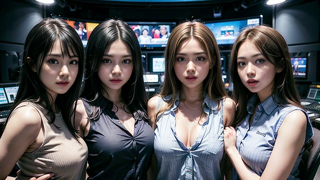 ((super high quality、High resolution、masterpiece、 Anatomically correct、Super detailed photos、Ultra-realistic photos、 Highest quality))、(3girls)、looking at viewer、studio lighting、(portrait))、(from front:1.2)、(big breast)、Small waist、Detailed face、Perfect figure、Three girls holding each other close、 ((Female announcer:1.2))、Television studio broadcasting the news、Cleavage、((news caster))、((sleeveless business shirt))、