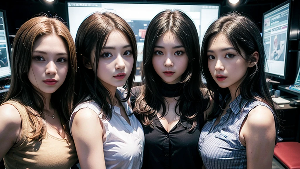 ((super high quality、High resolution、masterpiece、 Anatomically correct、Super detailed photos、Ultra-realistic photos、 Highest quality))、(3girls)、looking at viewer、studio lighting、(portrait))、(from front:1.2)、(big breast)、Small waist、Detailed face、Perfect figure、Three girls holding each other close、 ((Female announcer:1.2))、Television studio broadcasting the news、Cleavage、((news caster))、((sleeveless business shirt))、