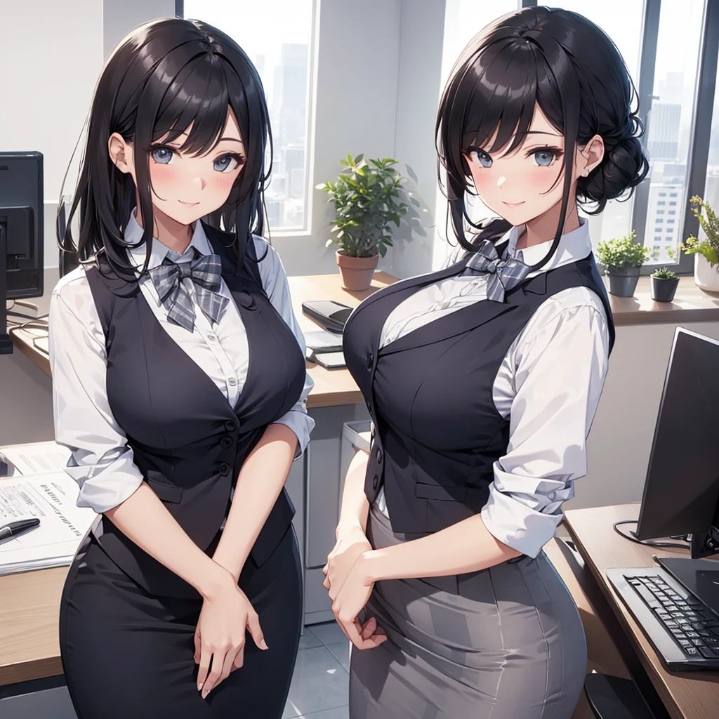 1lady standing, office worker, receptionist, (vest with white and gray checks:1.2) (navy pencil skirt) bowtie, mature female, /(black hair/) bangs, blush kind smile, (masterpiece best quality:1.2) delicate illustration ultra-detailed, large breasts BREAK (modern office indoors), window cityscape, detailed background