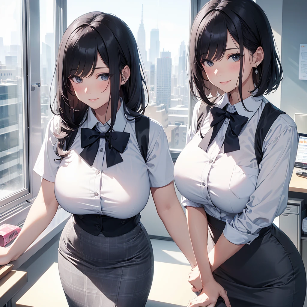 1lady standing, office worker, receptionist, (vest with white and gray checks:1.2) (navy pencil skirt) bowtie, mature female, /(black hair/) bangs, blush kind smile, (masterpiece best quality:1.2) delicate illustration ultra-detailed, ????????????? BREAK (modern office indoors), window cityscape, detailed background
