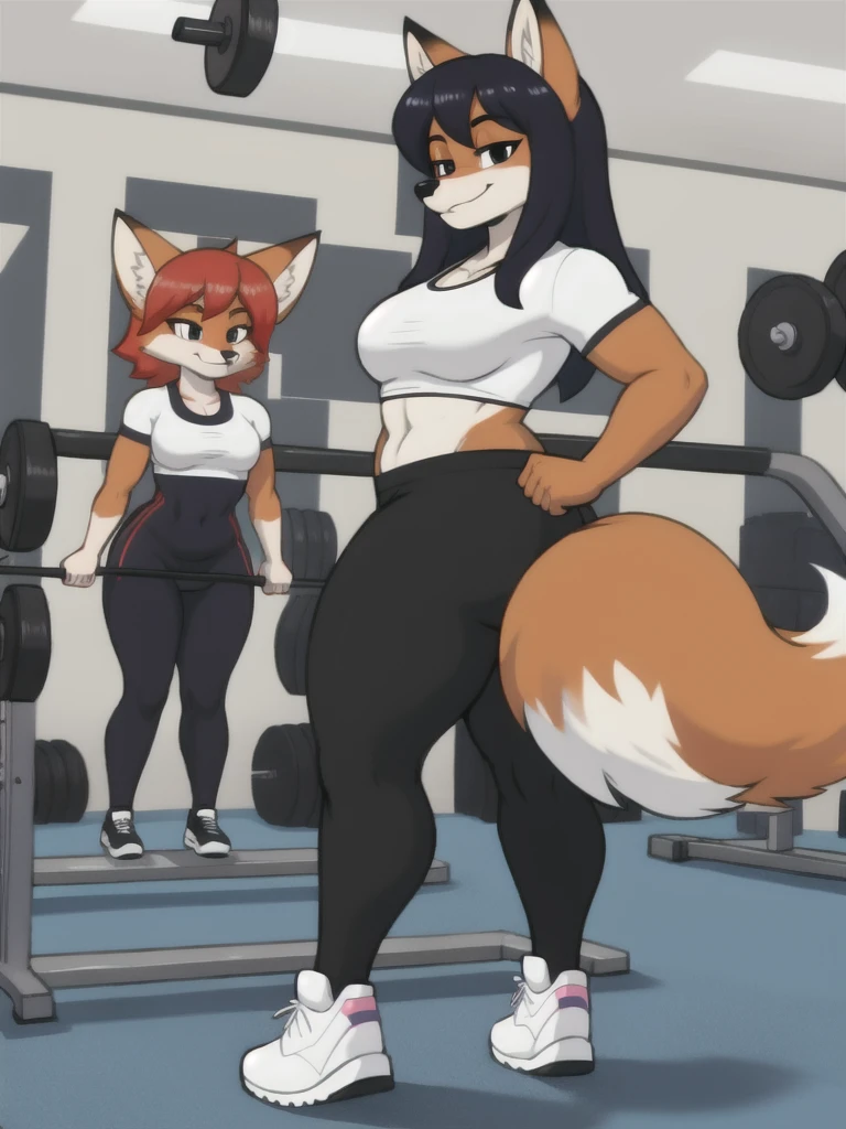 Furry, fox, female, white shirt, black leggings, shoes, gym, teen, full body