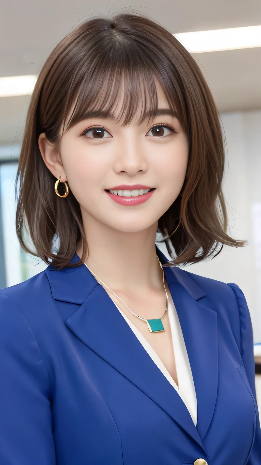 Highest quality:1.2), RAW Photos, High resolution, Very detailed, Intricate details, 、ear piercing、smile、Emphasis on teeth、Wavy Hair、Short Haircut、Light brown hair、 (Front view, ), Clear beauty,  Upper Body, (High quality fabric, Office Lady Suit 、 Necklace around the neck、  indoor,
