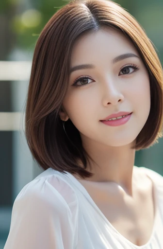 (Raw photo), (Photo realistic), (masterpiece), (Highest quality), High resolution, 8K resolution, (Exquisite detail), (Volumetric Light), Portraiture, woman, Age 35, short hair, Straight Hair, Brown haired, Very white and translucent skin,Highly detailed eyes, Source Order, Very fine eyebrows, eyelash,Highly detailed skin, Highly detailed mouth, Highly detailed nose, The best beauty,Cute like an idol, Smile, ((Look at the viewers)), (An elegant and transparent white blouse), Random Body Orientation,Ample breasts,valley