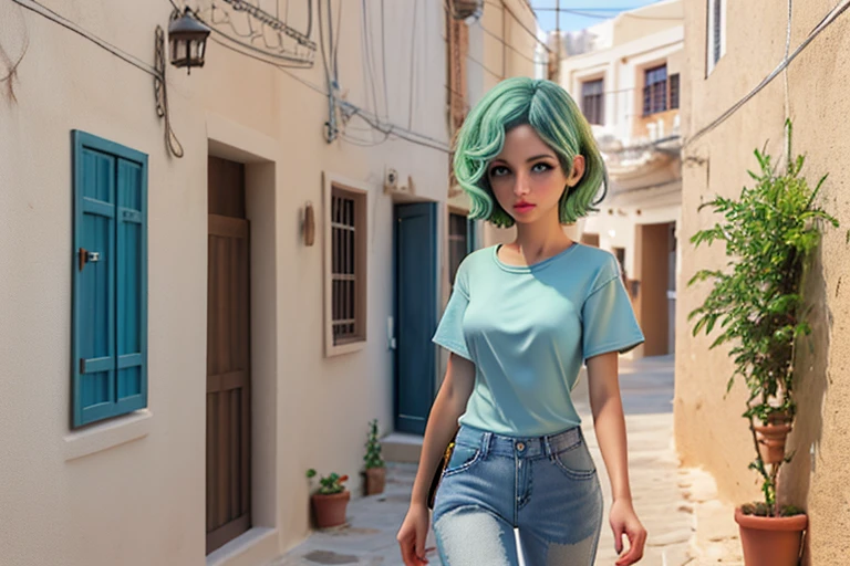 High resolution,high quality,(Perfect body),The streets of Oia,Walking Girl,Short Hair,Green Hair,Golden Eyes,Light blue T-shirt,Denim pants
